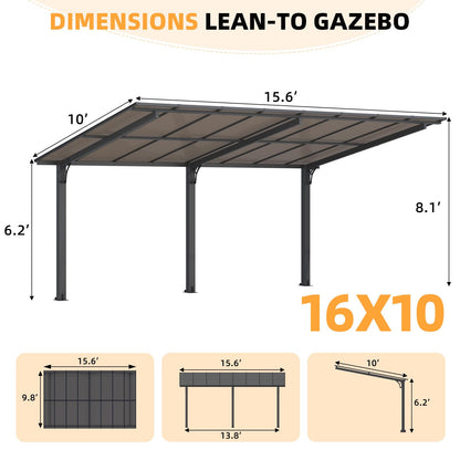 YODOLLA 16' x 10' Freestanding Gazebo Outdoor Pergola Lean to Hardtop Gazebo Carport