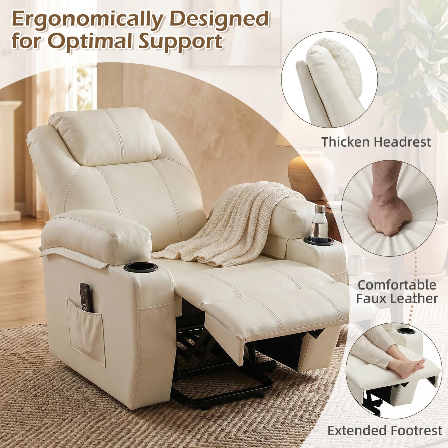 YODOLLA Power Lift Recliner Chair for Elderly with Side Pockets PU Leather, White