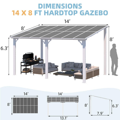YODOLLA 14' x 8' Gazebo Outdoor Pergola Hard Top Lean to Pergolas, White