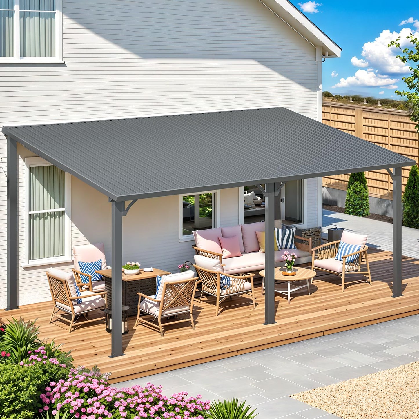 YODOLLA 16'x10' Wall-Mounted Pergola Hardtop Outdoor Gazebo