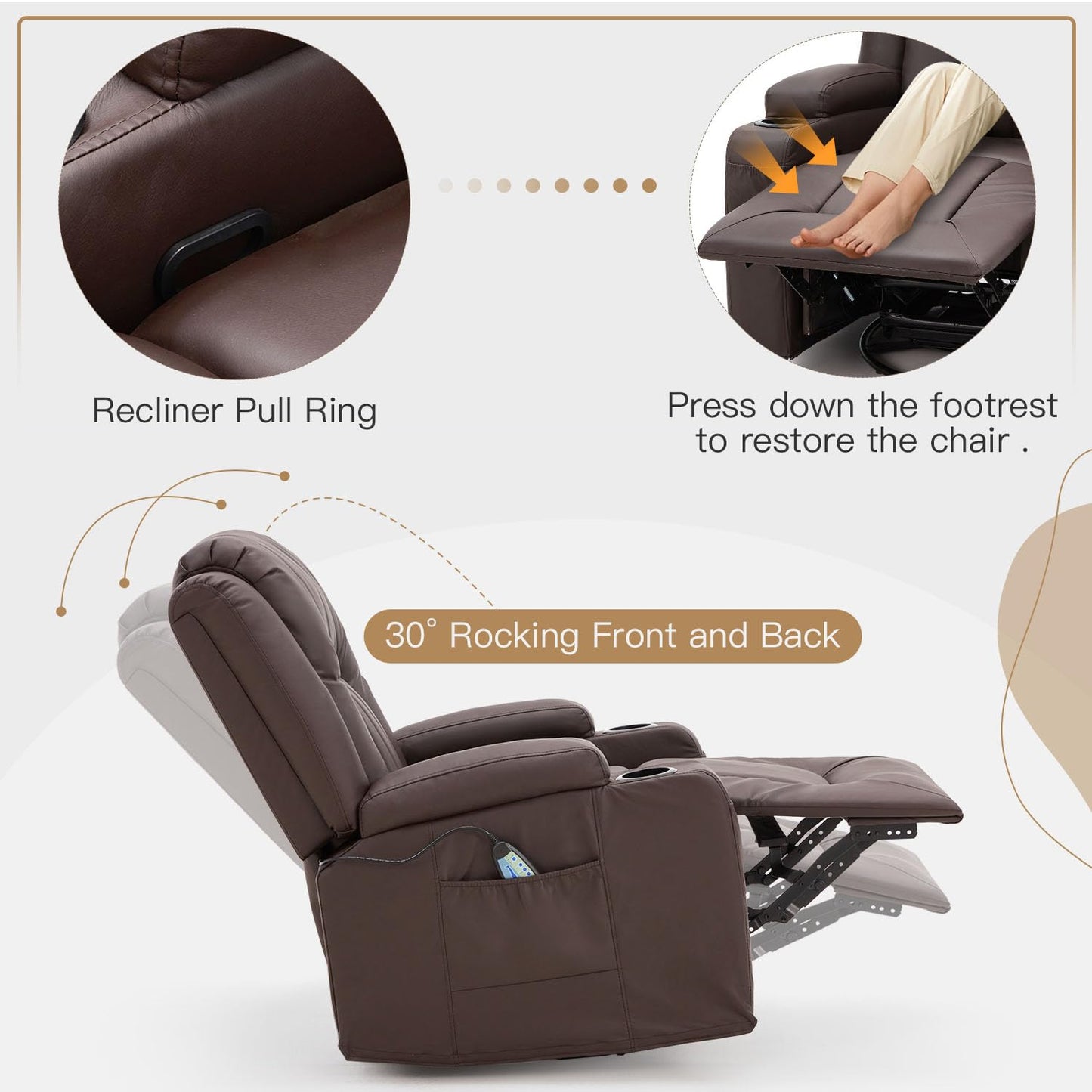 YODOLLA Recliner Chair with Heat&Massage, PU Leather Brown