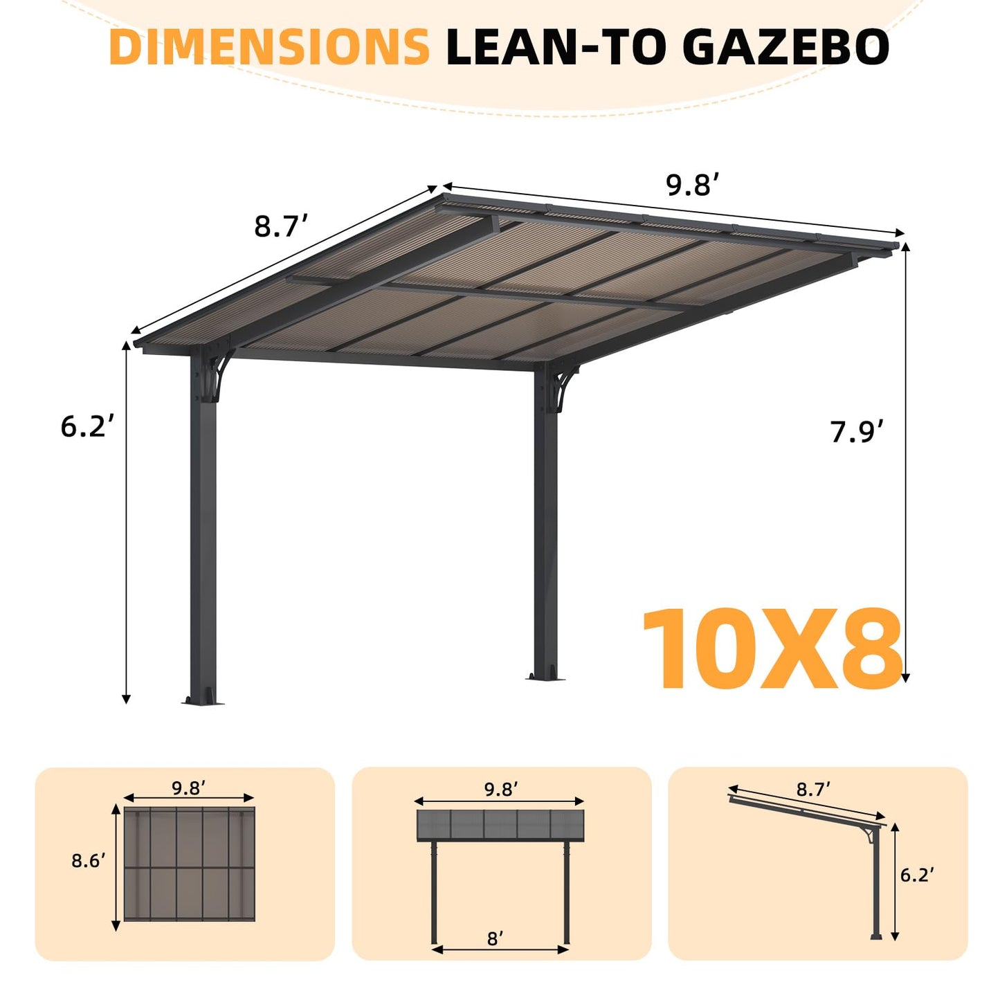 YODOLLA 10' x 8' Lean to Gazebo for Patio, Small Freestanding Pergola