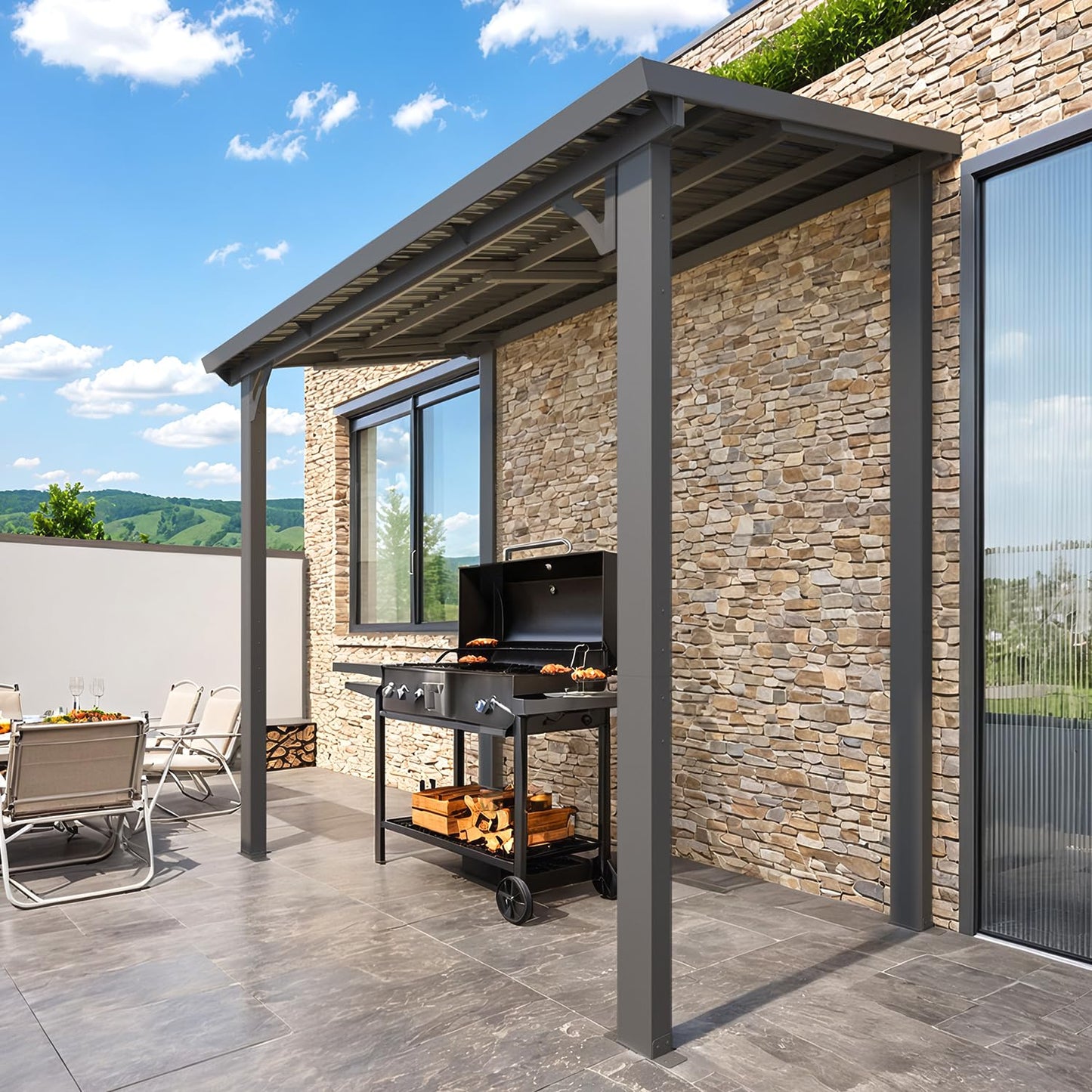 YODOLLA 8'x5' Hardtop Gazebo, Wall-Mounted Lean to Metal Awnings Pergola