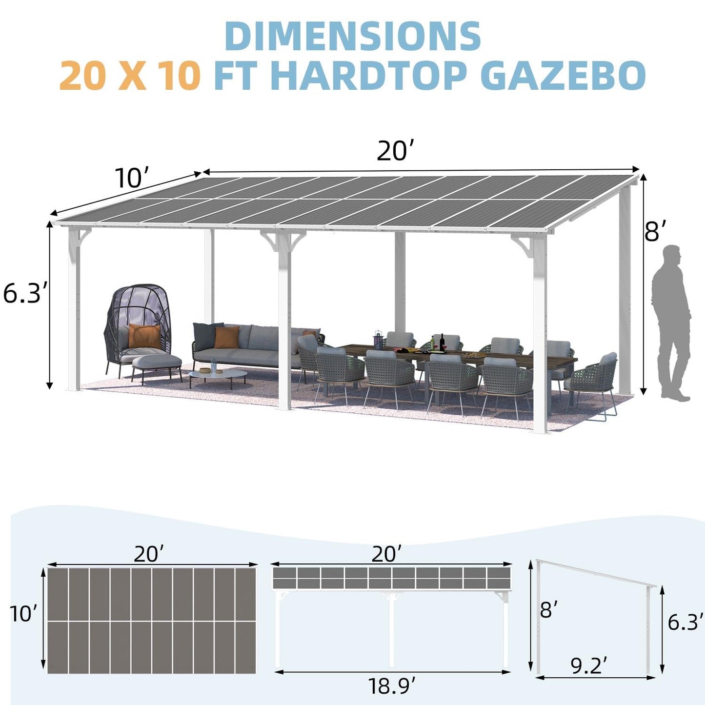 YODOLLA 20' x 10' White Gazebo Outdoor Pergola for Patio Large Lean to Metal Pergolas