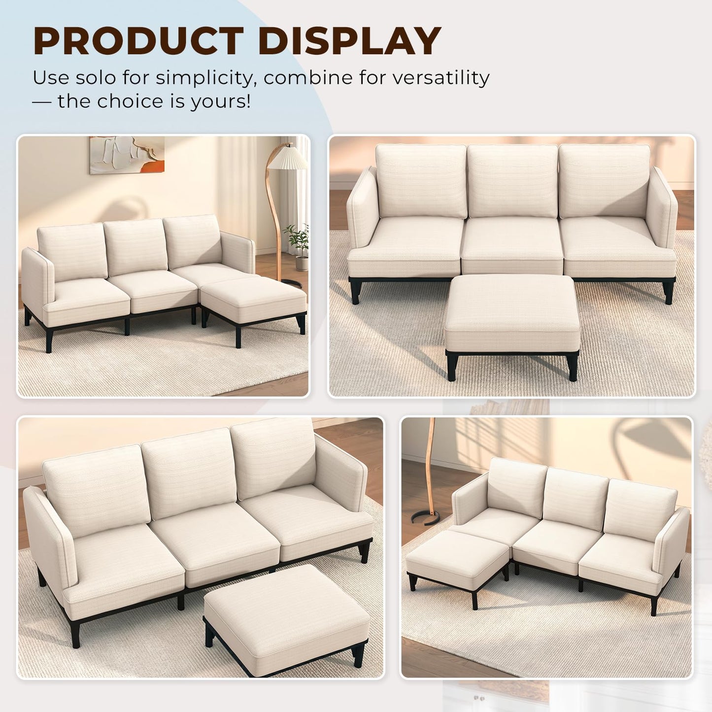 YODOLLA 3 Seater Sofa Bed with Ottoman, Modular Sofa Cloud Couch Lounge