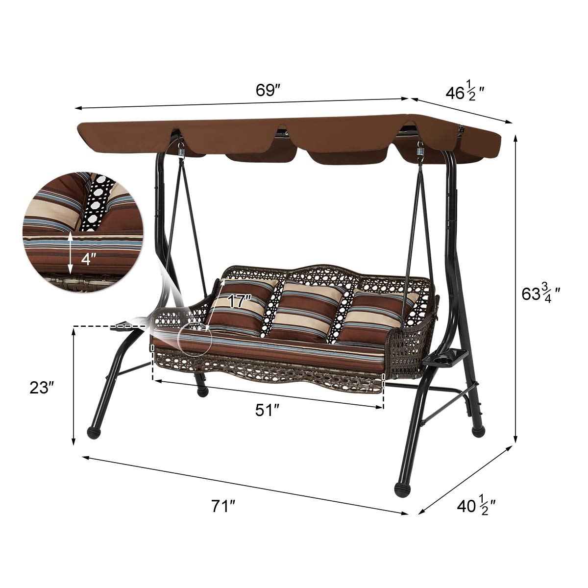 YODOLLA 3-Seat Outdoor Patio Swing Chair, Large Converting Canopy Porch Swing Glider