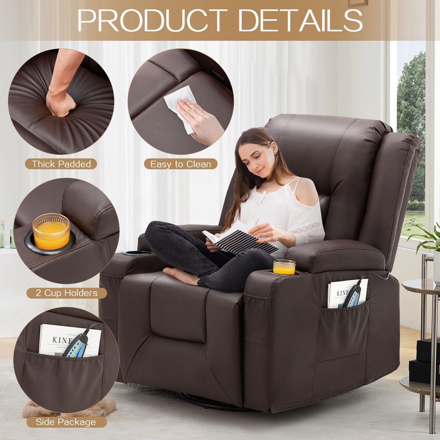 YODOLLA Recliner Chair with Heat&Massage, PU Leather Brown