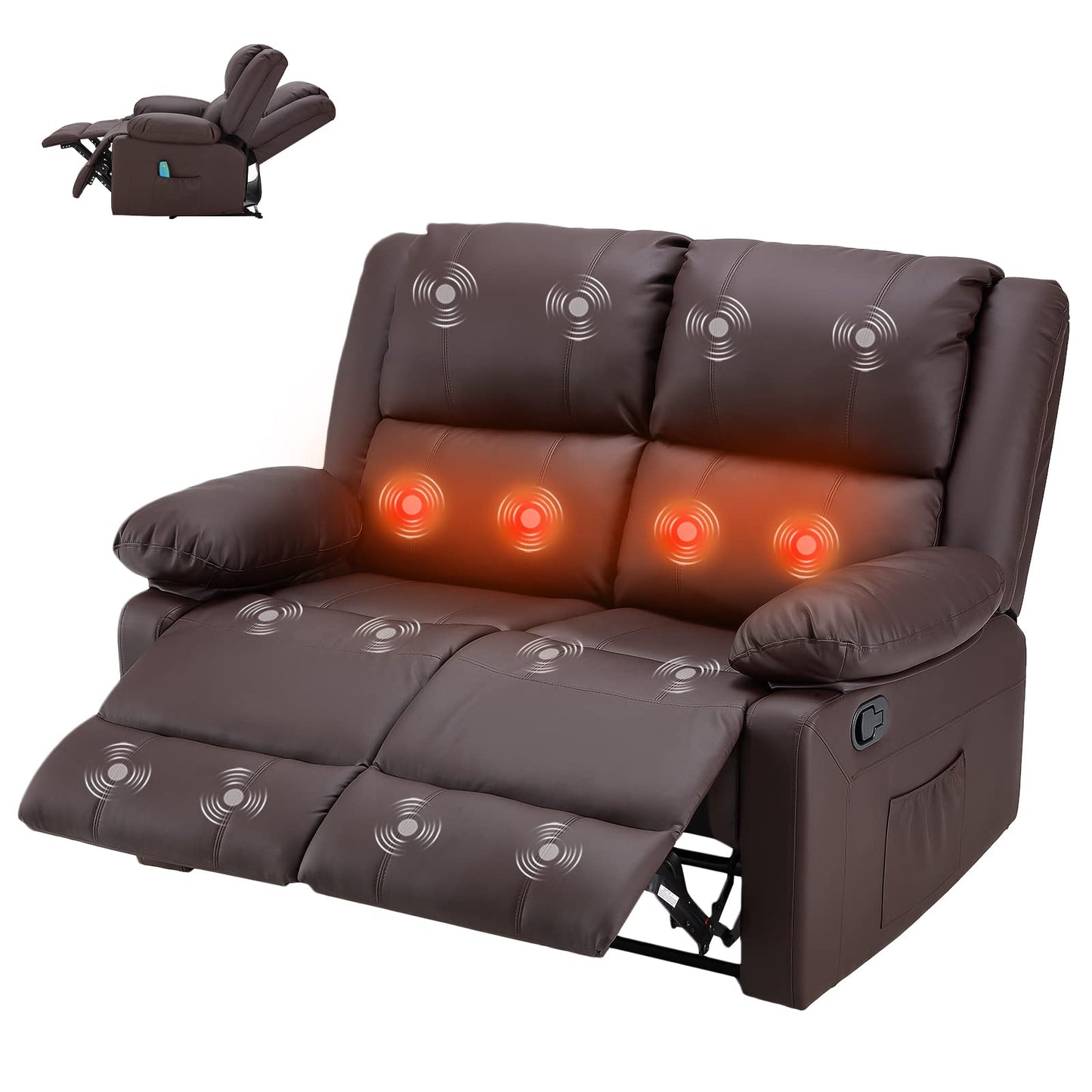 YODOLLA 2 Seat Loveseat Recliner with Heat&Massage Function, Faux Leather Brown