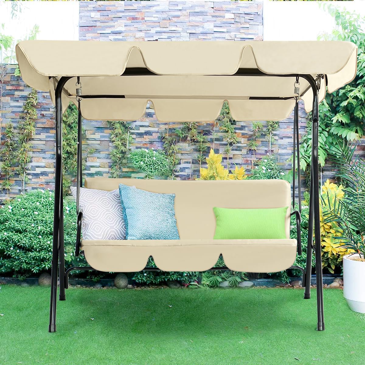 YODOLLA 3-Seat Outdoor Patio Swing with Canopy, Beige