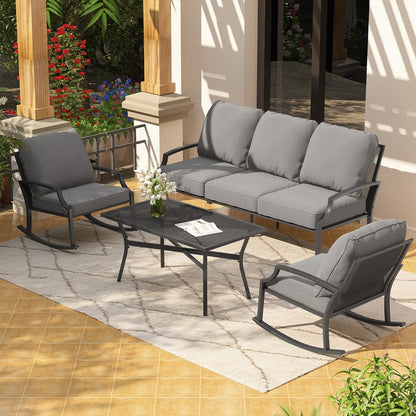 YODOLLA 4-Piece Outdoor Patio Furniture Set with Rocking Chair, Metal Mesh Conversation Bistro Set