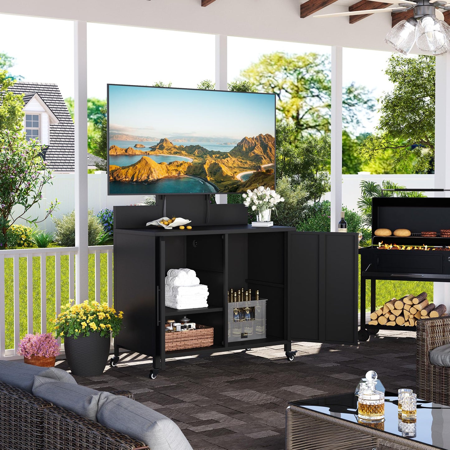 YODOLLA Mobile TV Stand on Wheels Outdoor Storage Cabinet with TV Mount