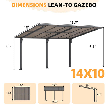 YODOLLA 14' x 10' Gazebo for Patio, Hard Top Lean to Gazebo Pergola Carport