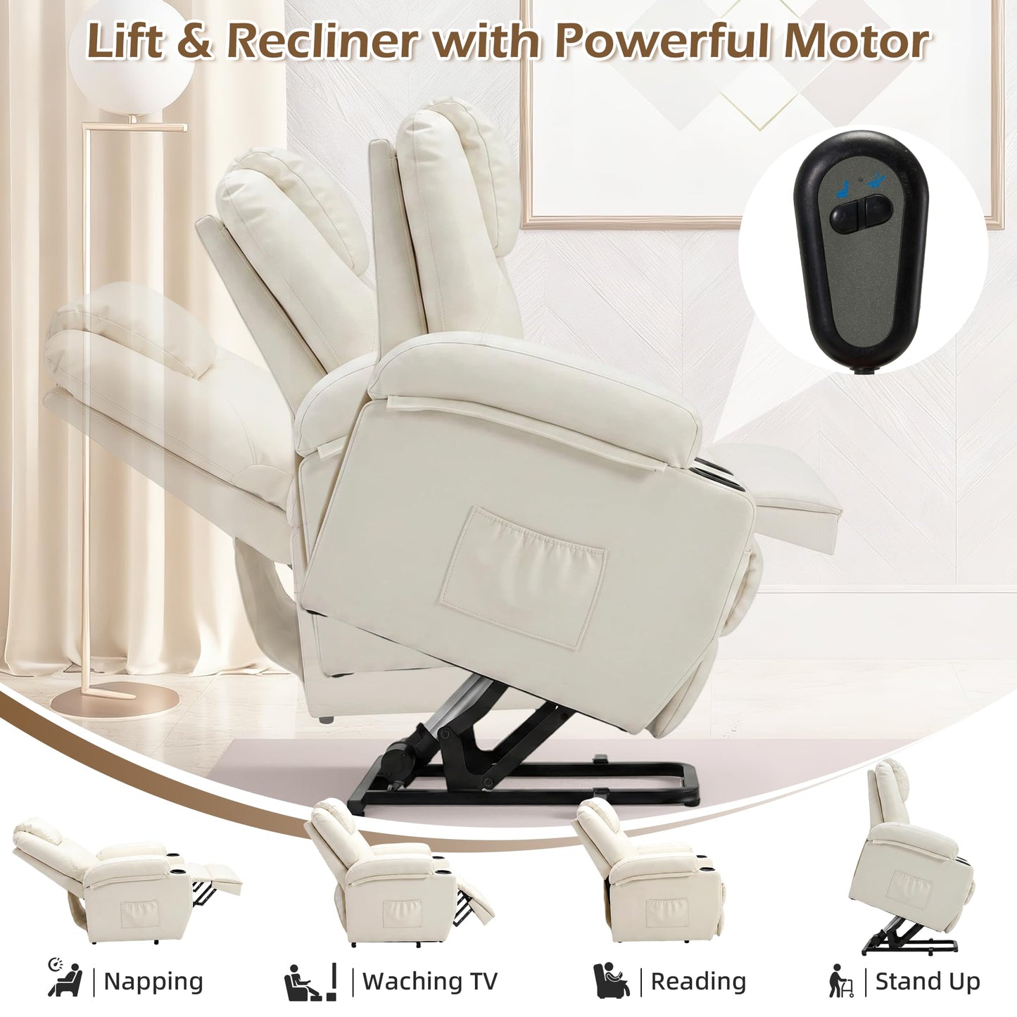 YODOLLA Power Lift Recliner Chair for Elderly with Side Pockets PU Leather, White