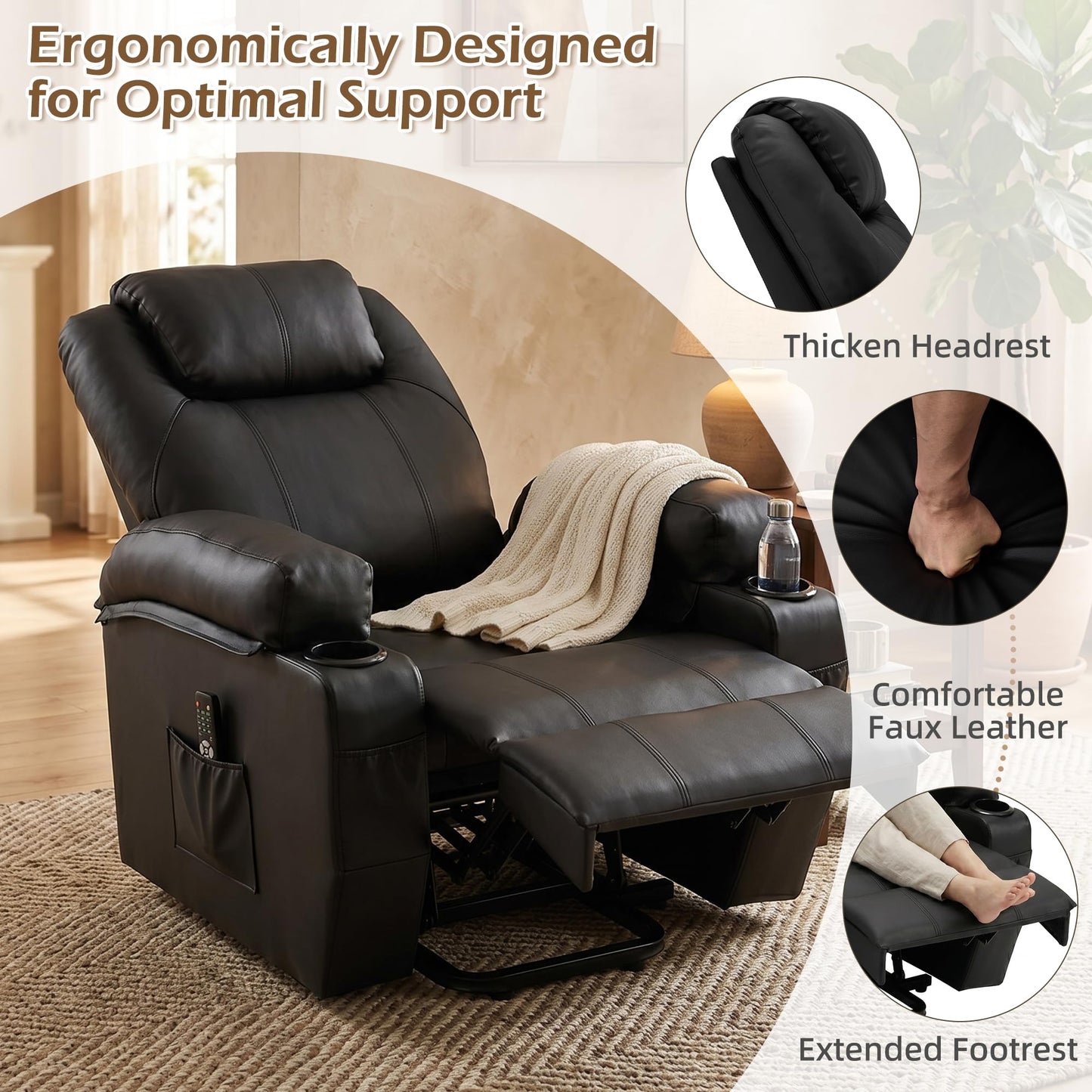 YODOLLA Power Lift Recliner Chair for Elderly with Side Pockets, PU Leather, Black