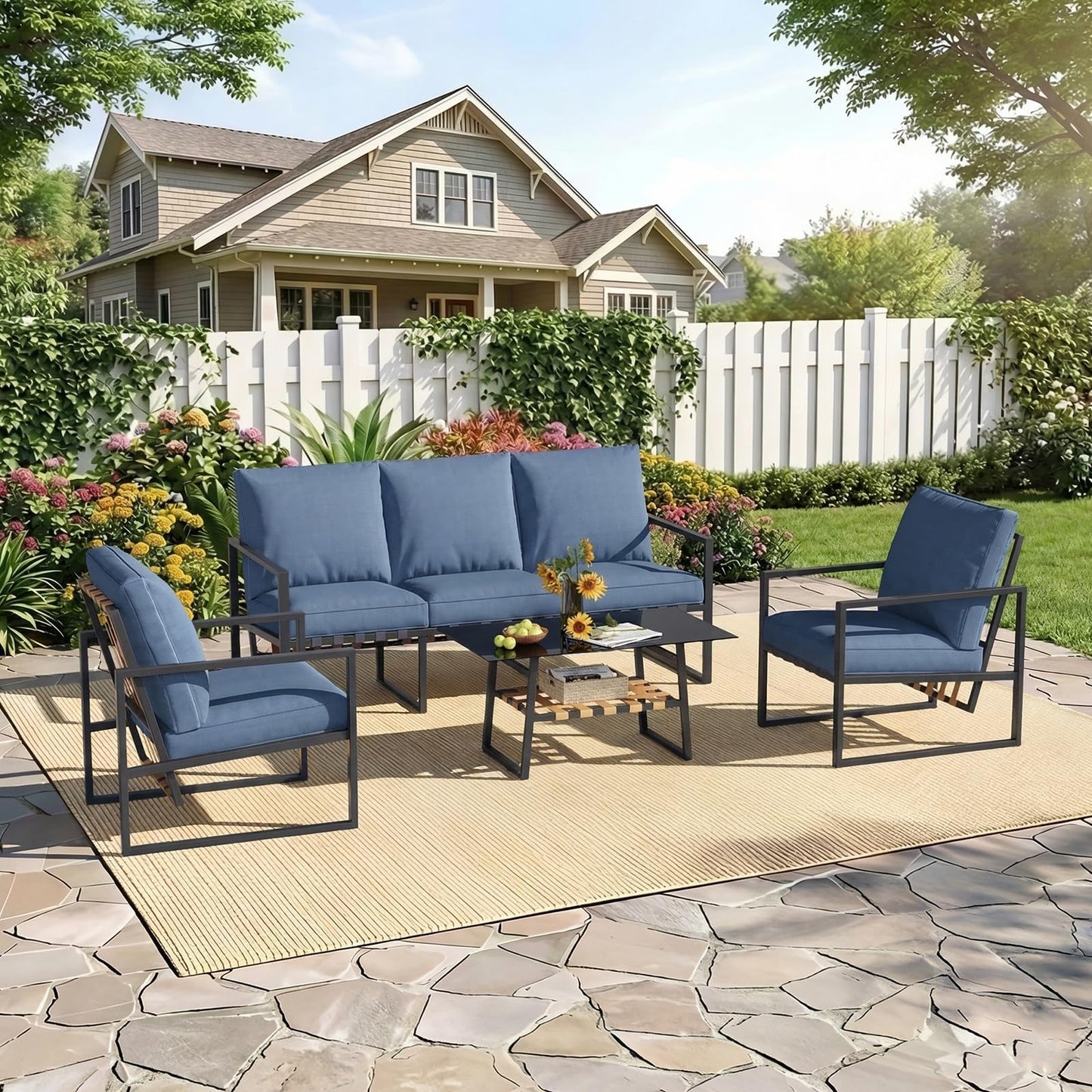 YODOLLA 4 Piece Outdoor Garden Furniture Set, 3-Seater Sofa & 2 Armchairs