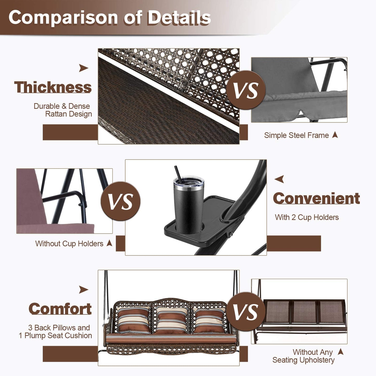 YODOLLA 3-Seat Outdoor Patio Swing Chair, Large Converting Canopy Porch Swing Glider