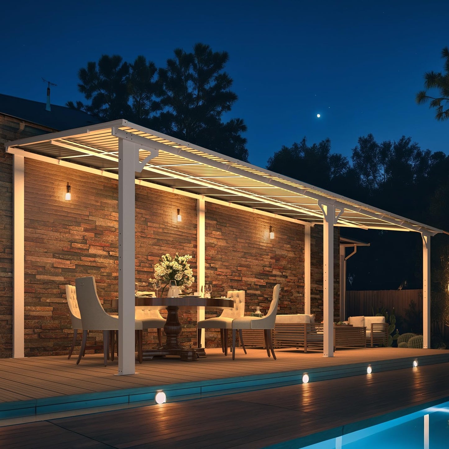 YODOLLA 20' x 8' Gazebo Wall-Mounted Hard Top Lean to Metal Shelter Pergolas, White