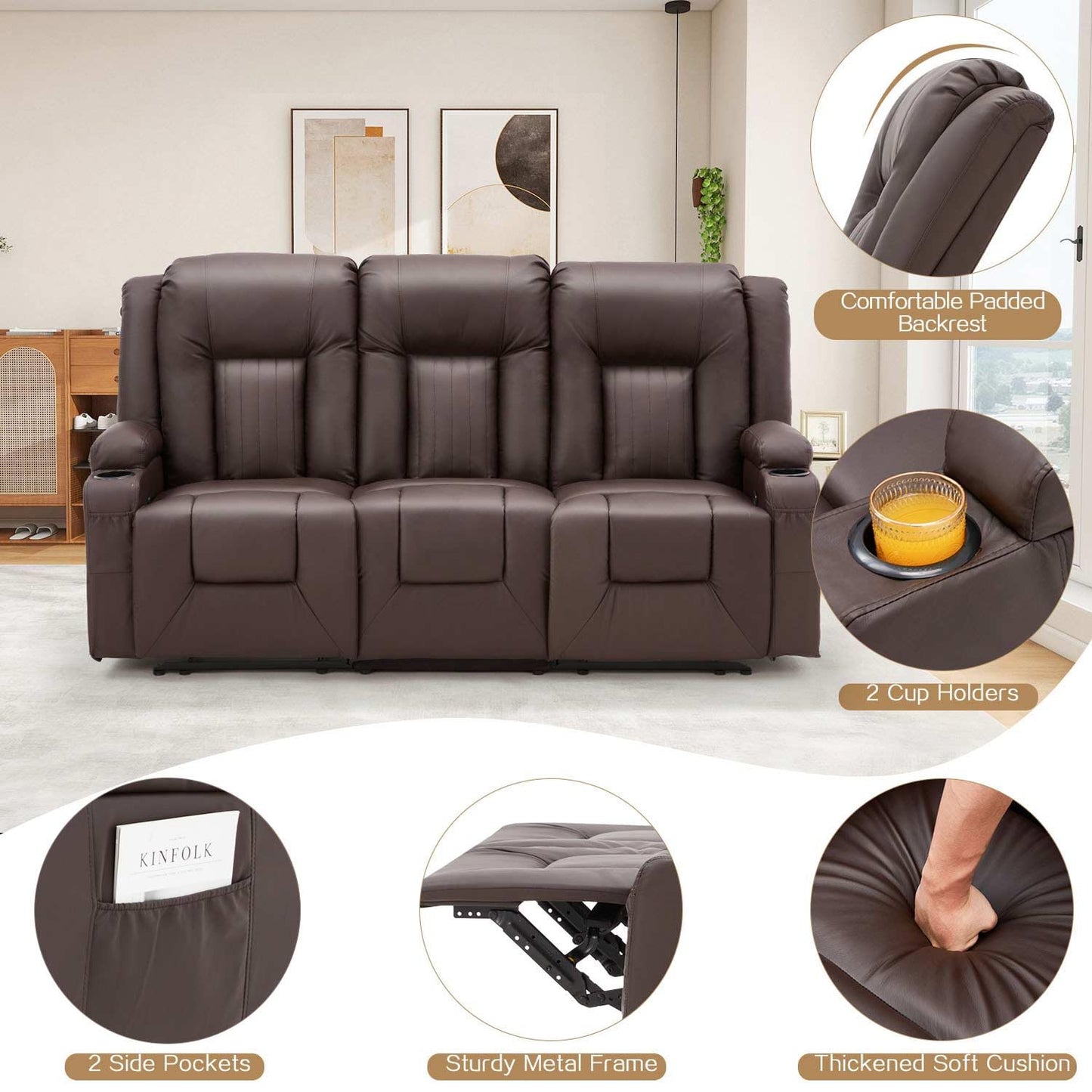 YODOLLA 77" Recliner Sofa Theater Seating with Cup Holders&Side Pockets, Brown