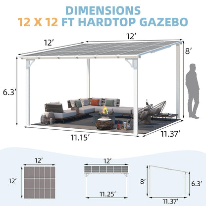 YODOLLA  12' x 12' Gazebo Outdoor Pergola Large Wall-Mounted Lean to Metal Gazebo, White
