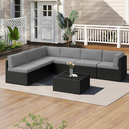 YODOLLA 7-Piece Outdoor Patio Furniture Set with Cushions and Tea Table, Black & Grey