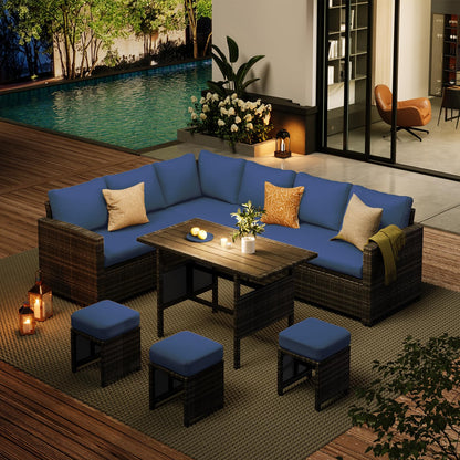 YODOLLA 7-Pc Patio Set, Grey Rattan & Blue Cushion