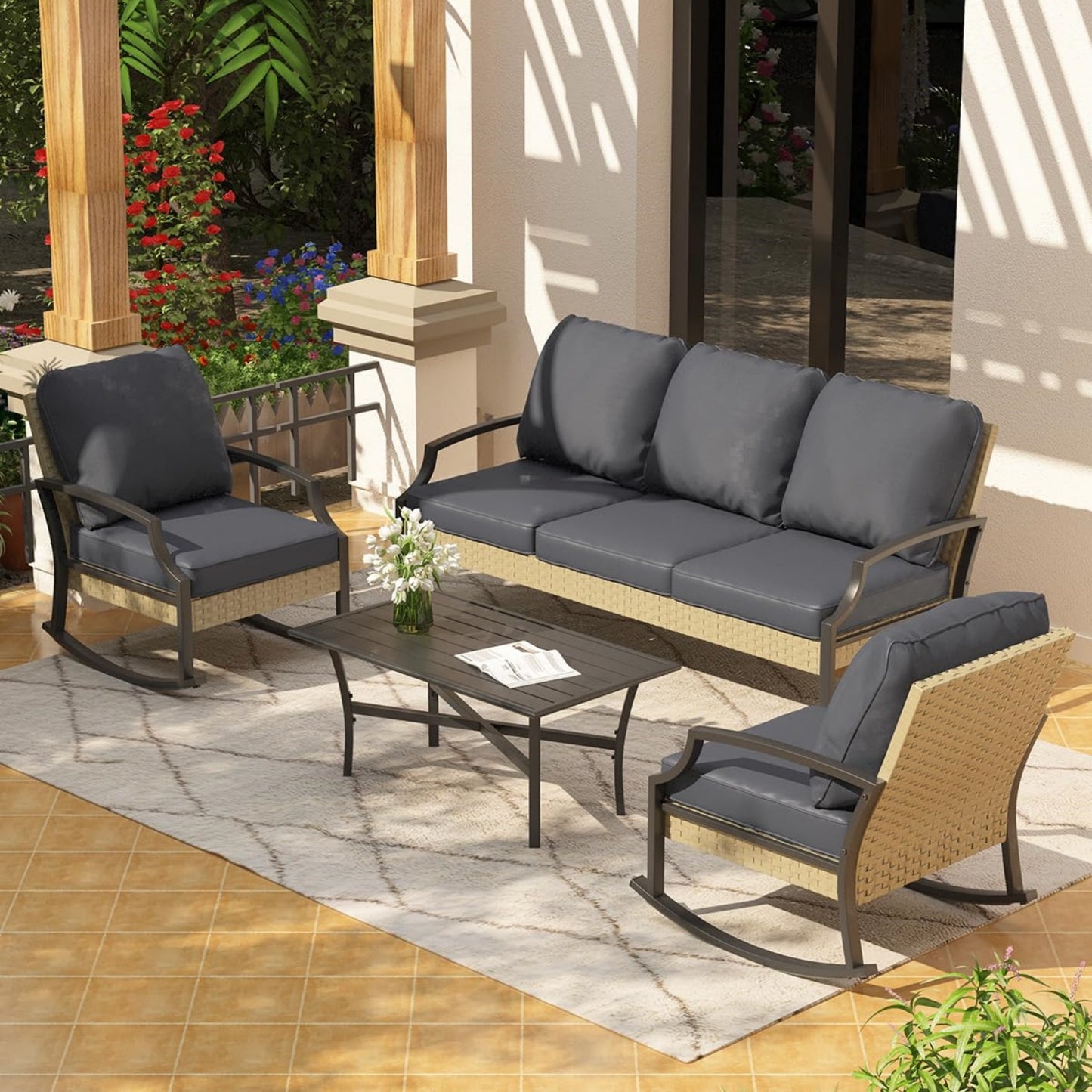 YODOLLA 4 Pieces Patio Furniture Set Outdoor Rattan Conversation Bistro Set