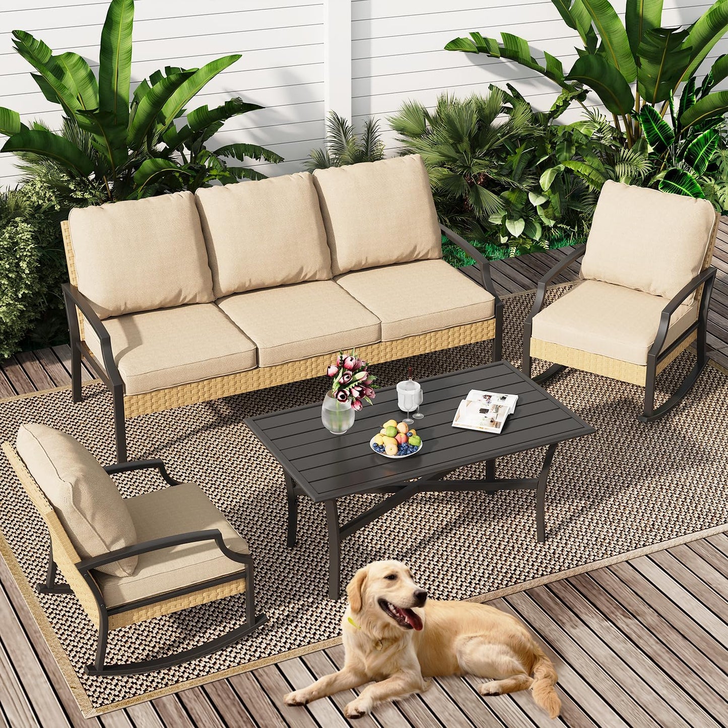 YODOLLA 4 Pieces Patio Furniture Set Outdoor Rattan Conversation Bistro Set