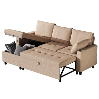 YODOLLA 83.5" Teddy Fleece Sleeper Sofa Sectional Sofa Bed Couches, Beige
