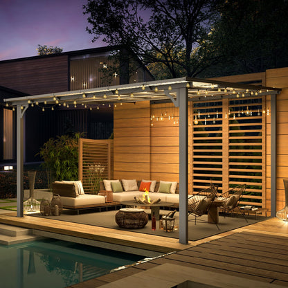 YODOLLA 12' x 12' Gazebo Outdoor Pergola, Wall-Mounted Hard Top Metal Gazebo Shelter