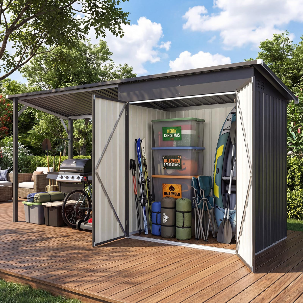 YODOLLA 8' x 4' Outdoor Open-Sided Metal Storage Shed with 56 Sq. Ft Covered